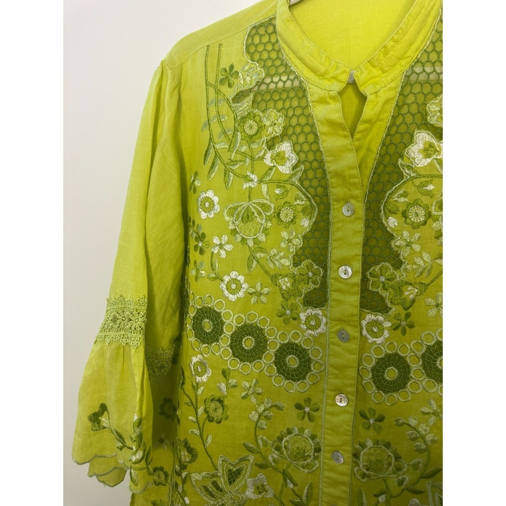 John Mark 100% Linen Embroidered Crochet Lace Blouse Womens Lime Green Medium - Picture 3 of 12